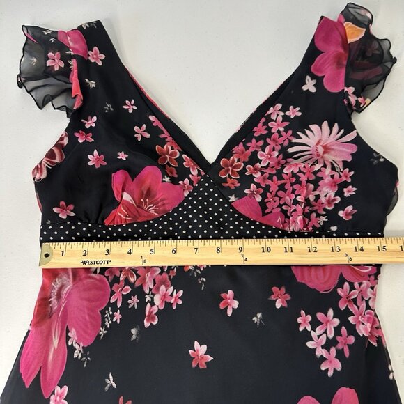 Y2K Whimsigoth New York & Co Flutter Sleeve Dress Size 10 Black Floral - Picture 9 of 12